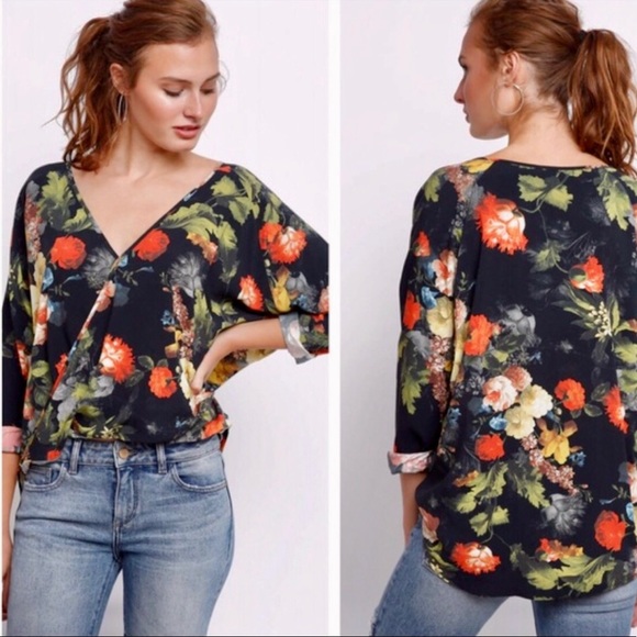 Anthropologie Tops - Anthro Odells Watercolor Top Floral Black